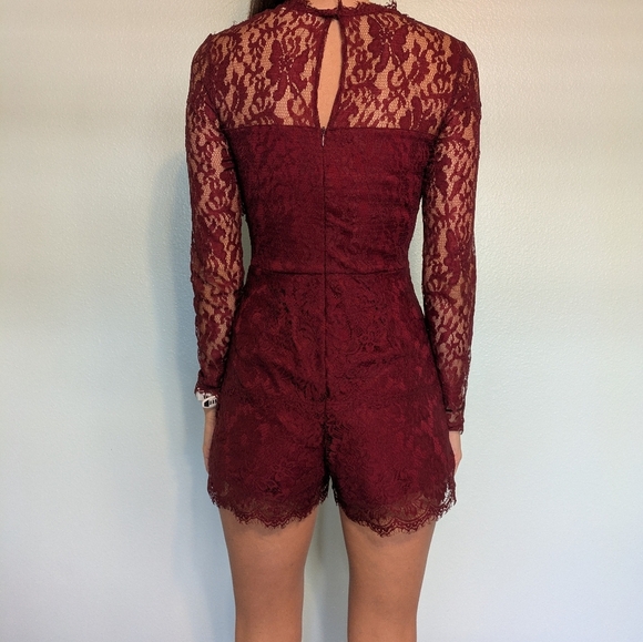 Burgundy Lace Long Sleeve Romper - Picture 2 of 7